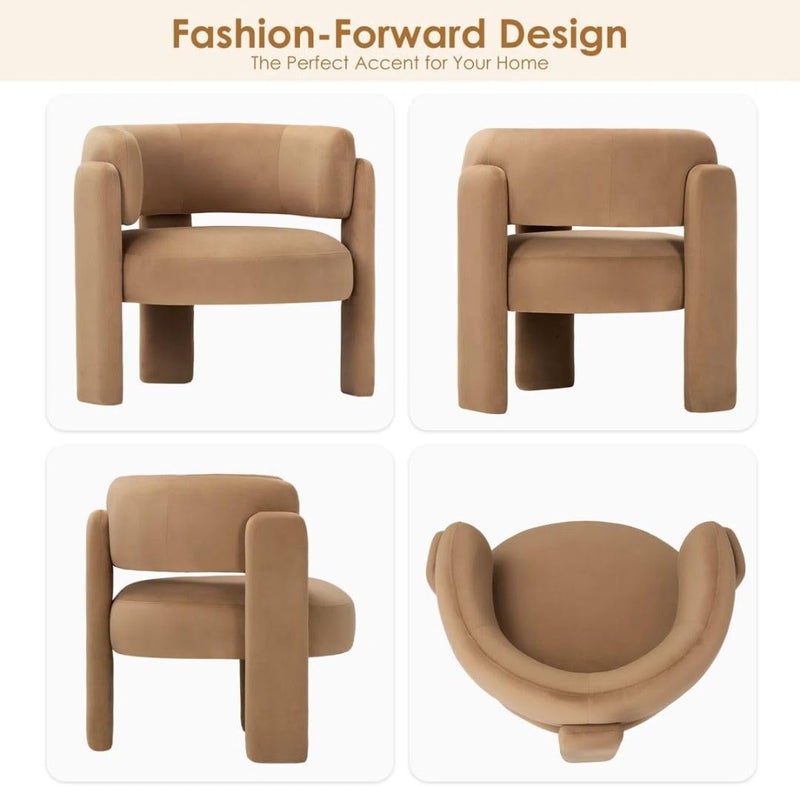 Comfynest Modern Velvet Accent Chair – 3-Leg Barrel Style Upholstered Chair with Foam Padding & Stain-Resistant Fabric (Khaki) - Image 5